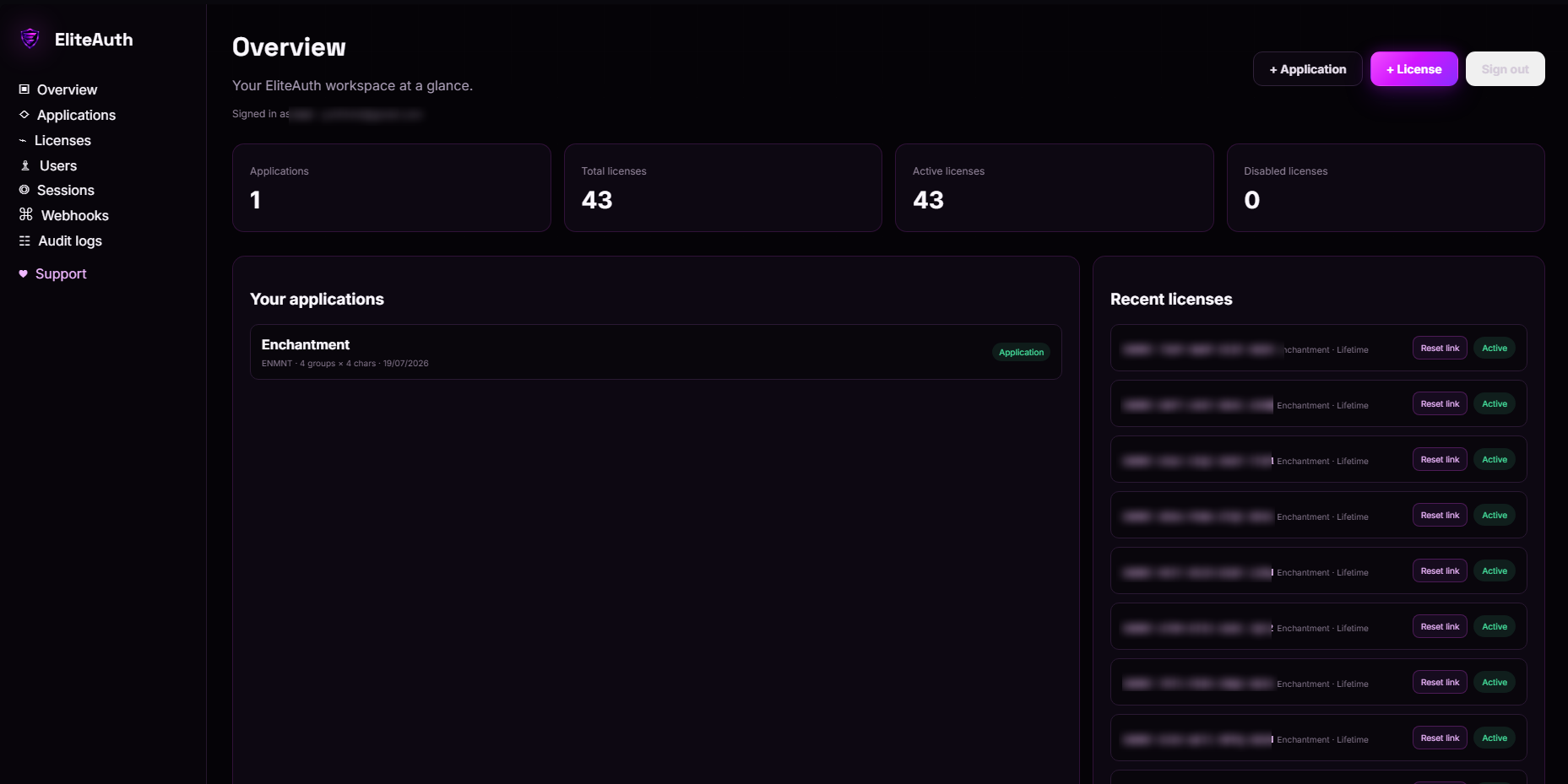Real EliteAuth dashboard showing application and license management